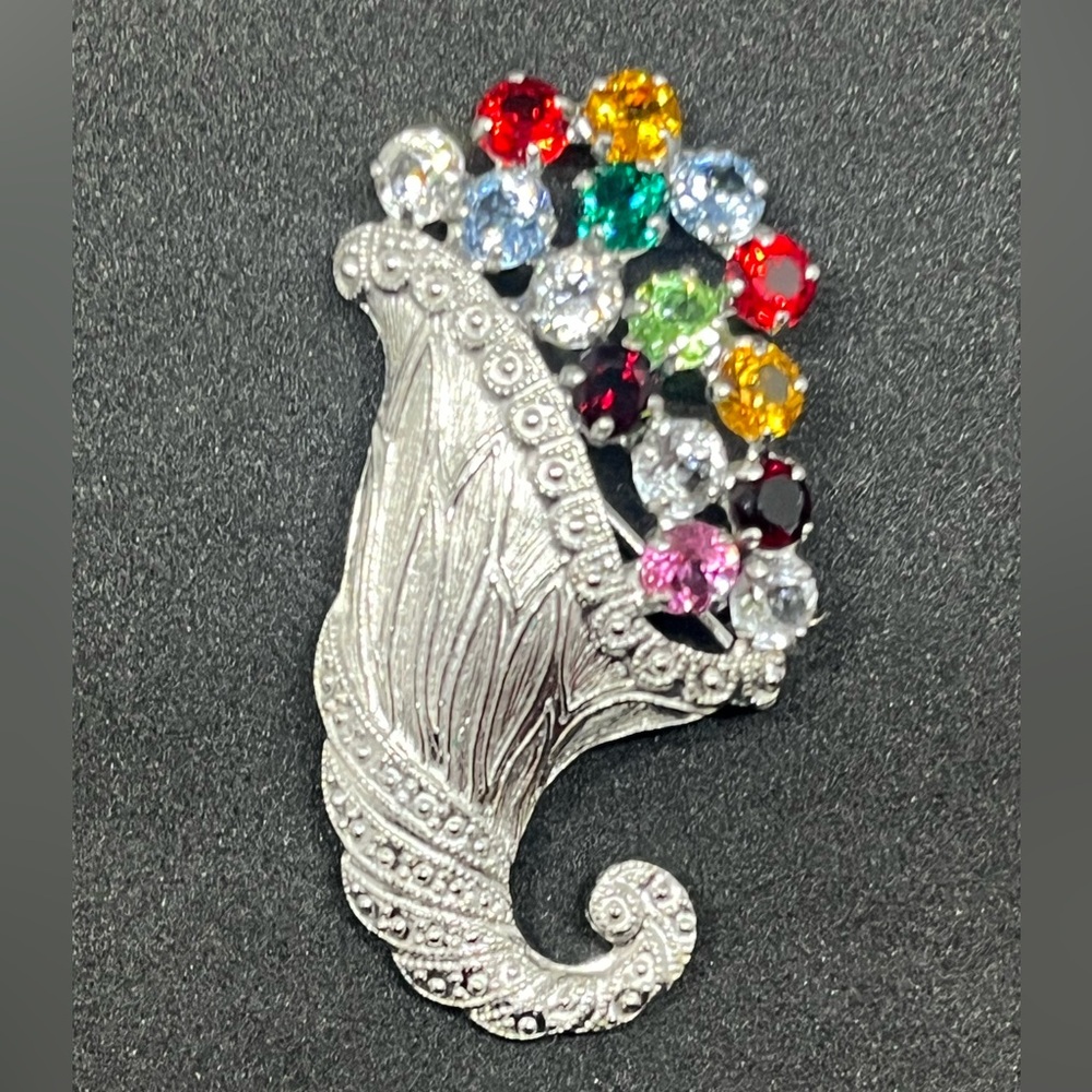 * Vintage Signed B David Multicolor Rhinestone cornucopia bouquet Pin Brooch